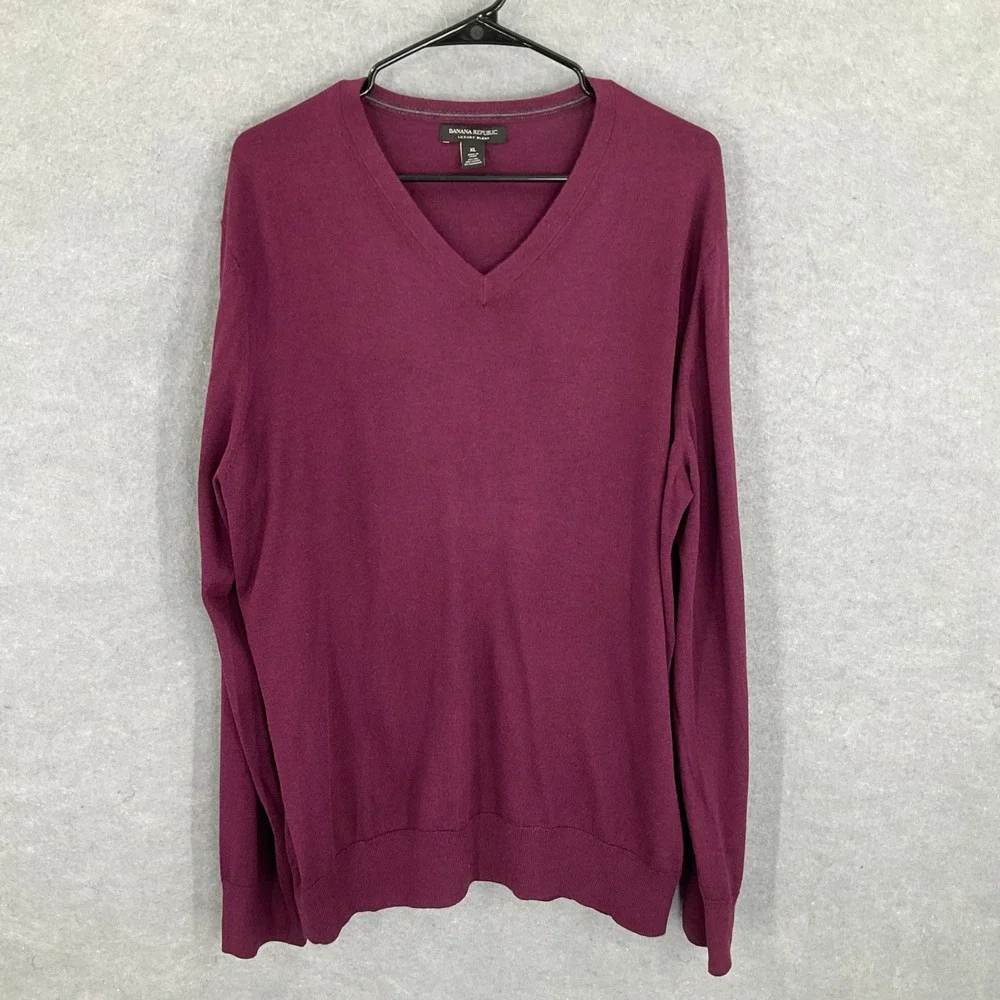 Banana Republic Luxury Blend Sweater Men XL V-Neck Maroon Silk Cotton‎ Cashmere